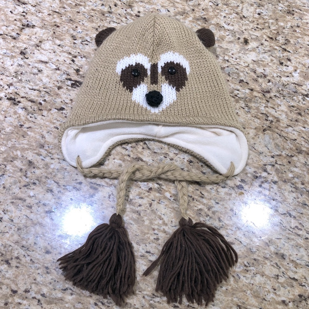 Raccoon Knitted Tan Tassels Animal Hat One Size